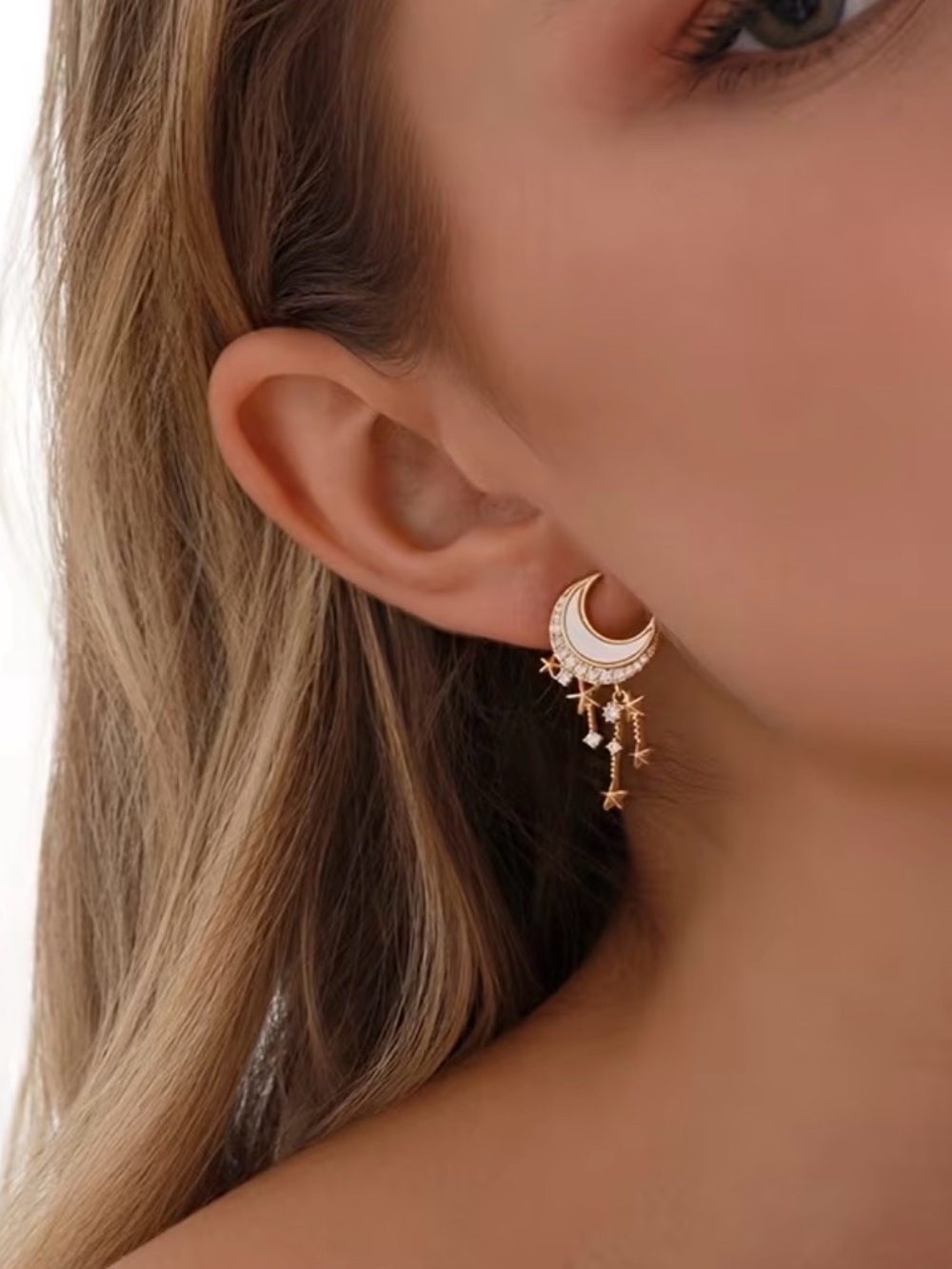 Crescent Moon and Star Dangle Earrings in Rose Gold